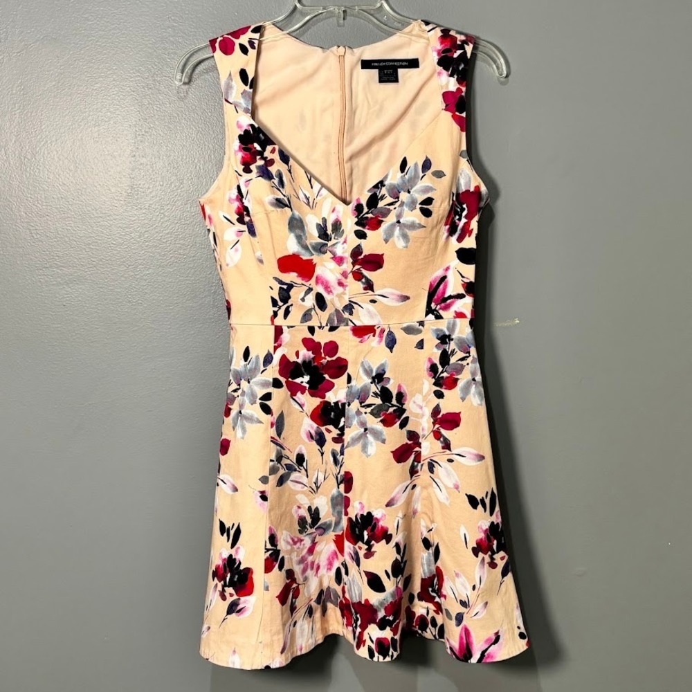 French Connection Floral Dress Womens‎ 4 Peach Cotton Fit Flare Sweetheart Chic